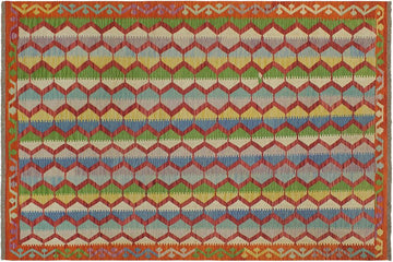 Flat Weave Kilim, Antique, Navaho, Vintage, Handmade, Modern Kilim Blue Rust Hand-Woven Rectangle 100% Wool Area Rug 5 x 8